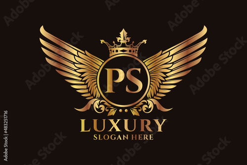 Luxury royal wing Letter PS crest Gold color Logo vector, Victory logo, crest logo, wing logo, vector logo template.