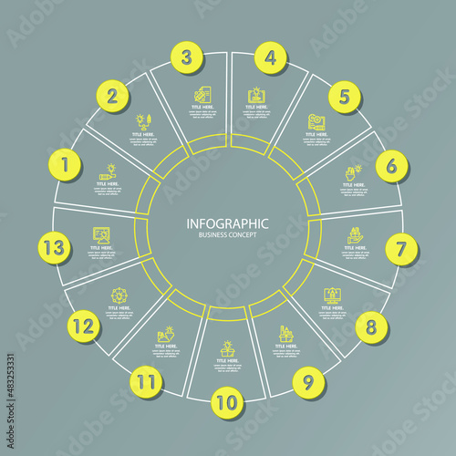 Yellow and Gray colors for circle infographic with thin line icons. 13 options or steps for infographics, flow charts, presentations, web sites, printed materials. Infographics business concept.