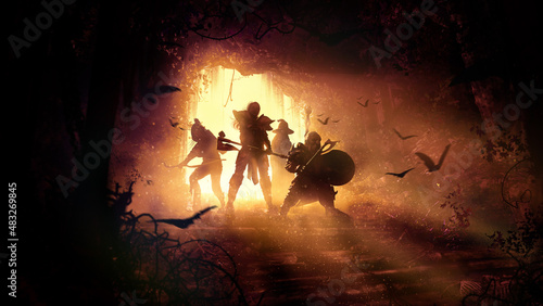 A group of adventurers, a woman warrior with an axe, a dwarf with a shield, an elf archer and a wizard are standing at the entrance to a dark, sinister dungeon with thickets bones and bats. 2d art