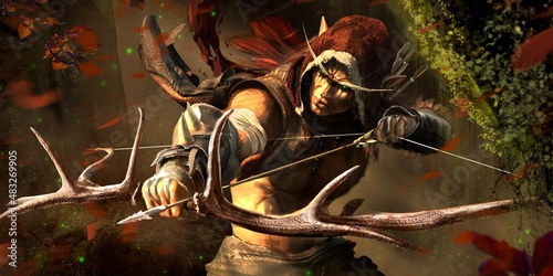 An evil brutal forest elf hunter with long eyebrows in a hood with black tattoos on face and sinister green eyes pulls an arrow with notches on a bow made of deer horns, in a misty forest 3d rendering