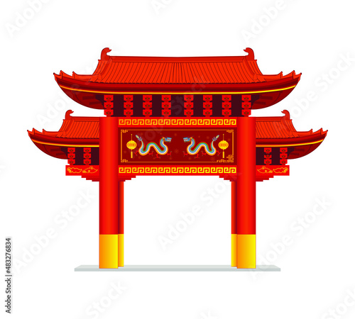 Chinese gate called Paifang symbols or gateway or entrance of china town with banner included Chinese dragon and lantern drawing in cartoon vector
