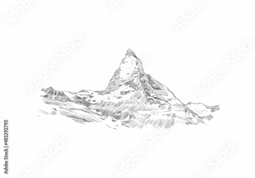 Mountain Matterhorn. Symbol of Switzerland. Europe. Beautiful landscape. Hand drawn sketch vector illustration