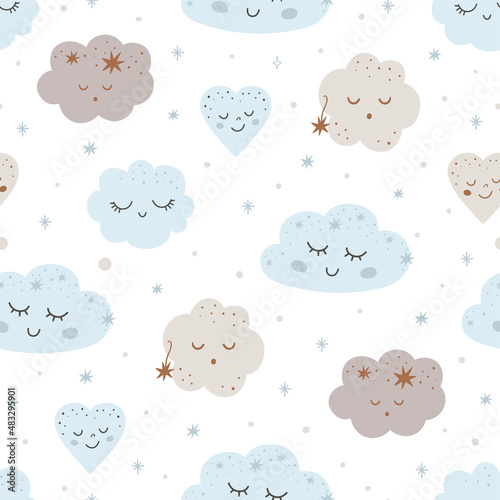Baby clouds pattern. Nursery dream seamless pattern. Smiling clouds stars Light blue kids sky background. Cute vector design with smiling, sleeping clouds. Baby illustration.