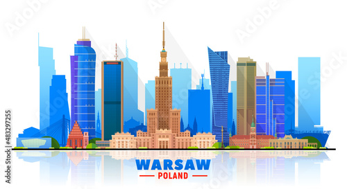 Warsaw (Poland) skyline with panorama on white background. Vector Illustration. Business travel and tourism concept with modern buildings. Image for presentation, banner, website.