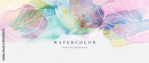 Watercolor art background vector. Wallpaper design with paint brush and floral line drawing. Luxury gold, beige watercolor Illustration for prints, wall art, cover and invitation cards.
