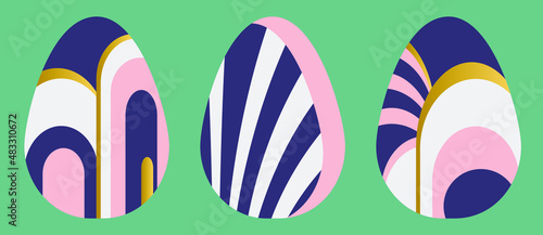 Luxurious Easter Eggs in Art Deco style. Set of 3 Easter Eggs with pattern. Abstract objects for design for Stickers, holiday cards, decor, posters, invitations. Easter collection with flat design.