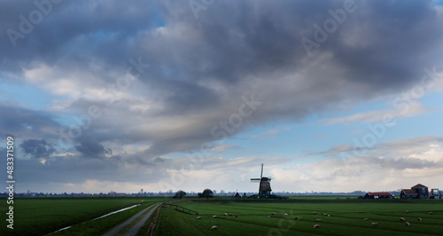 windmill with dike and sheep in Etersheim in de polder