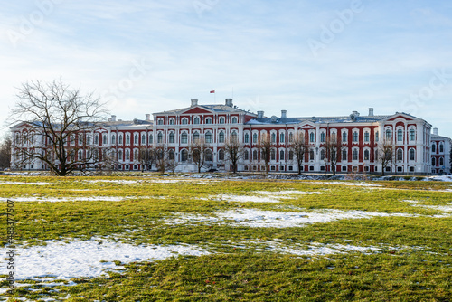 At 1772 built Jelgava Palace (Latvian: Jelgavas pils) or historically Mitau Place (Latvian: Mītavas pils) at sunny winter day. The baroque style university in Jelgava, Latvia. 
