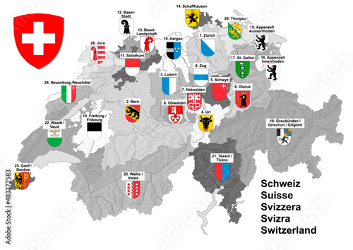Shape of map of Switzerland in black and white with border of Cantons and colorful coat of arms. Illustration mad January 27th, 2022, Zurich, Switzerland.