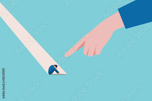 Depressed female teenager sitting under huge hand vector flat illustration. Despair tiny girl victim of control, prohibition, punish and force isolated. Concept of pressure of parents and society