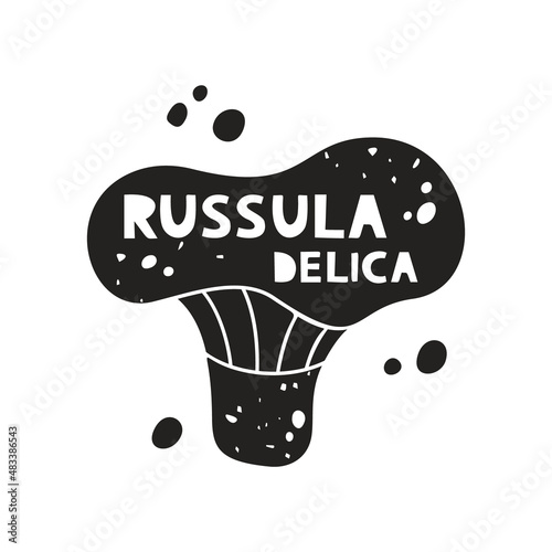 Russula delica mushroom, grunge sticker. Black texture silhouette with lettering inside. Imitation of stamp, print with scuffs. Hand drawn isolated illustration on white background