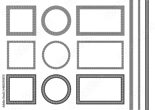 Meander frames, elements and pattern set. Meander borders in different geometric shapes with seamless brushes and patterns. Frame design in grecian ancient style and meandros greek ornaments. Vector.