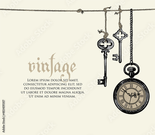 Vintage banner or background with a pocket watch on a chain and old keys hanging on a rope on an old paper backdrop. Hand-drawn vector illustration in retro style with place for text