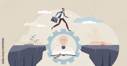 Bridging the gap with business knowledge and education tiny person concept. Career problem overcome using self development and growth vector illustration. Reaching new horizons using efficient link.