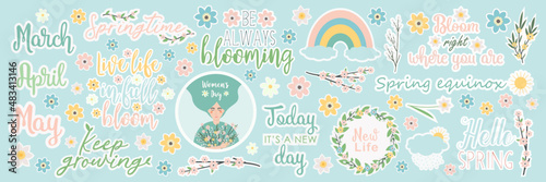 Stickers on a spring theme in pastel colors, lettering about spring, symbols of spring, flowers, blossoming tree branches, women's day, flowering