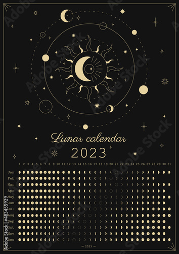 2023 Moon calendar. Astrological calendar design. Moon phase cycle. Modern boho moon calendar poster template design. Lunar phases schedule and cycles. Vector vintage illustration. Editable A3, A4, A5