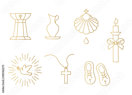 golden set of baptism related icons: font, pitcher, shell, candle, holy spirit, chain with cross and baby booties - vector illustration