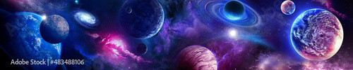 Space scene with planets, stars and galaxies. Panorama. 