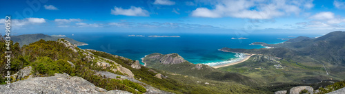Wide panoramic landscape of scenic coastline and green hills in Wilsons Promontory, Victoria, Australia