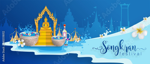 Songkran Festival, Thailand travel concept - The Most Beautiful Places To Visit In Thailand in flat style. ( Translation thai : Songkran )