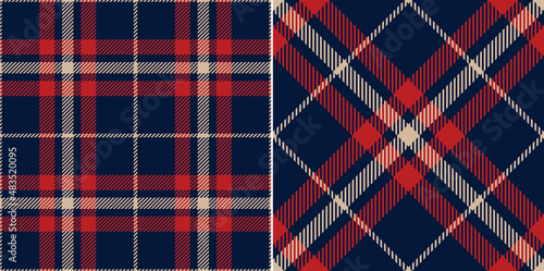 Tartan check plaid pattern in red, navy blue, beige. Seamless simple textured dark plaid vector illustration for flannel shirt, skirt, blanket, duvet cover, other modern autumn winter textile print.