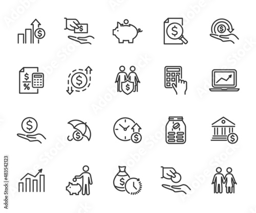 Vector set of money income line icons. Contains icons profit, expenses, income tax, pension fund, piggy bank, loan, income protection, profit and loss and more. Pixel perfect.