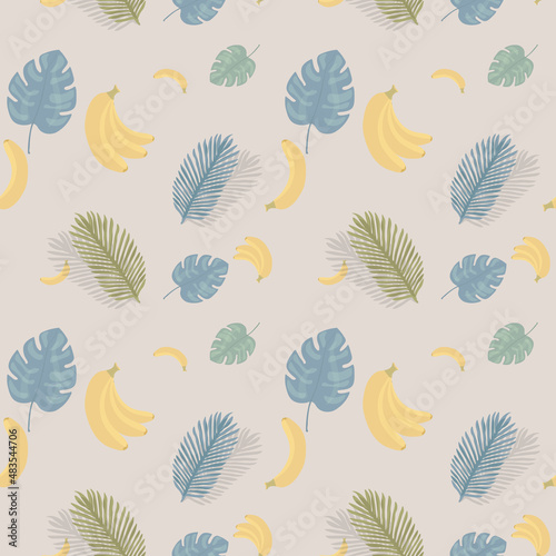 Seamless pattern with bananas and palm leaves on a beige background. Fashionable summer print.