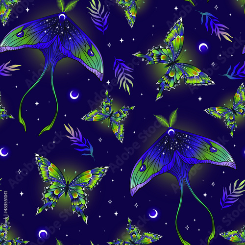 Vector seamless pattern with violet moon moth and stars. Contemporary composition. Trendy texture for print, textile, packaging.