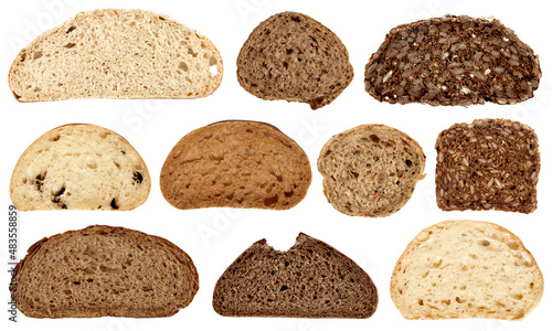  slices of different bread , whole grain, white, rye, wheat, sourdough bread, isolated on the white background