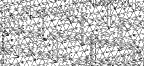 3D steel frames and trusses of a industrial building. Vector architectural blueprint. Abstract industrial background.