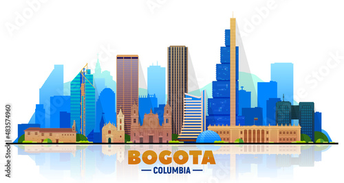 Bogota ( Columbia ) city skyline with white background. Flat vector illustration. Business travel and tourism concept with modern buildings. Image for banner or website.