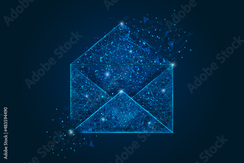 Abstract isolated image of a letter, mail or message. Polygonal illustration looks like stars in the blask night sky in spase or flying glass shards. Digital design for website, web, internet.