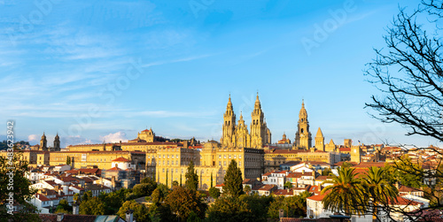 panoramic view of the cathedral of Santiago de Compostela in Spain - golden hour.