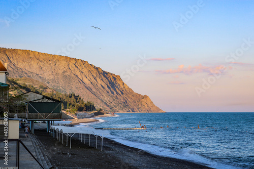 Kapsikhorskaya Bay, Cape Ai-Foka, summer evening, Black Sea, Morskoye village, Crimea, Russia.