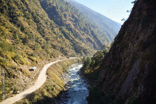 Beautiful curving river in the Himalaya mountains in Nepal. Tamang Heritage Trail and Langtang trek day 4 from Nagthali to Lingling