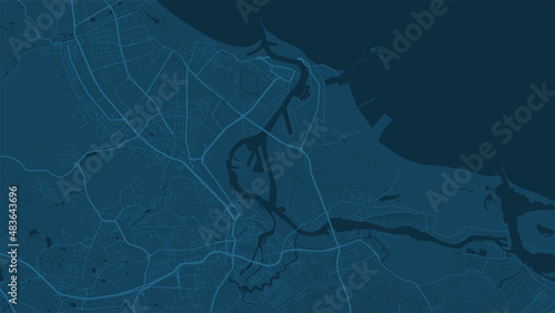 Dark blue Gdańsk city area vector background map, roads and water illustration. Widescreen proportion, digital flat design.