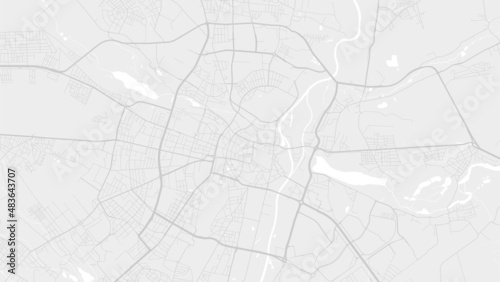 White and light grey Poznań city area vector background map, roads and water illustration. Widescreen proportion, digital flat design.