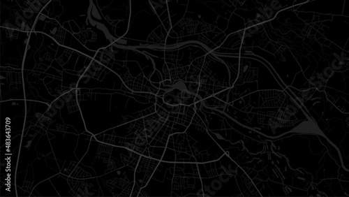 Dark black Wrocław city area vector background map, roads and water illustration. Widescreen proportion, digital flat design.