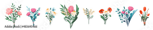 Flower bouquet set vector illustration. Floral blossom with leaves and