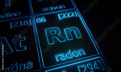 Focus on chemical element Radon illuminated in periodic table of elements. 3D rendering