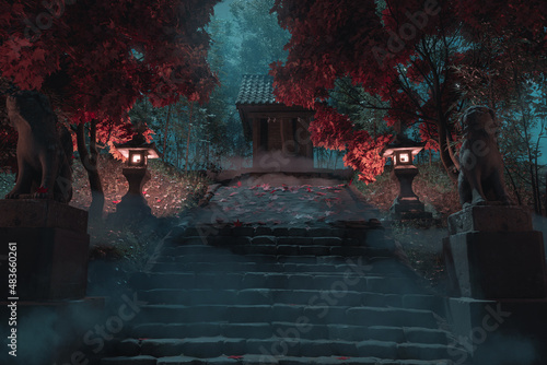 3d rendering of a japanese shrine at night with red maple trees and fog