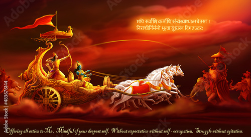 Scene of Mahabharata with Bhagavad-Gita quote, Krishna Arjuna