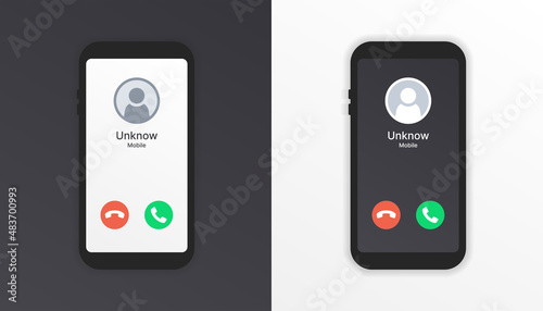 Mobile call screen template. Call screen smartphone interface mockup. Incoming call, answer and decline phone call buttons vector illustration.