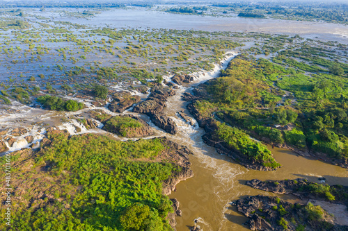 Aerial panoramic 4000 islands Mekong River in Laos, Li Phi waterfalls, famous travel destination backpacker in South East Asia.