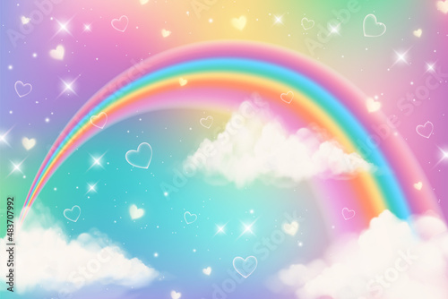 Holographic fantasy rainbow unicorn background with clouds. Pastel color sky. Magical landscape, abstract fabulous pattern. Cute candy wallpaper. Vector.