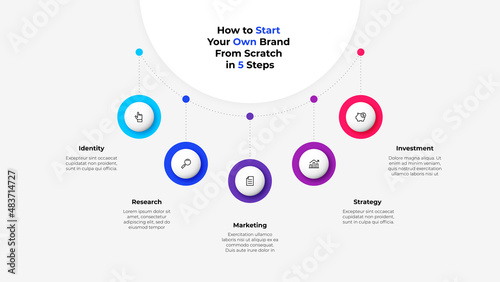 Flowchart diagram with 5 circle elements. Concept of business project hierarchy visualization with five options. Infographic design template