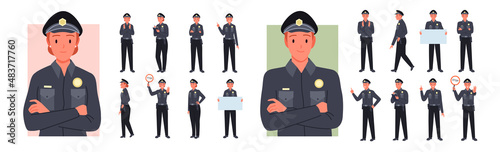 Police man and woman, guard poses set vector illustration. Cartoon young people in cop uniform working in safety patrol, agents standing with stop sign, ticket and empty banner isolated on white