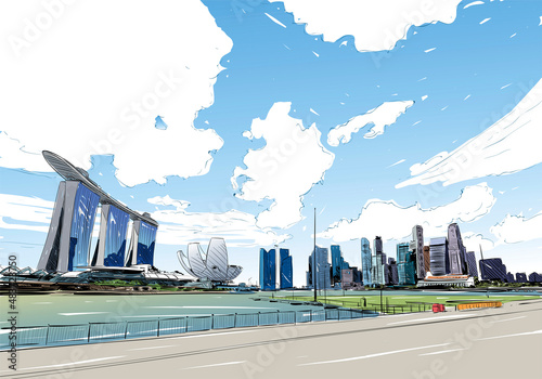 Singapore. Marina Bay Sands. Unusual perspective hand drawn sketch. City vector illustration