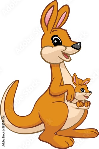 Cartoon. Happy Mother Kangaroo With Her Little Cute Baby Kangaroo. Animals Vector.