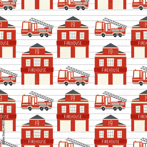 Firetruck and fire station. Cute fire truck seamless pattern. Vector illustration for a child in a simple Scandinavian hand-drawn style. The palette is ideal for printing on children's clothing.